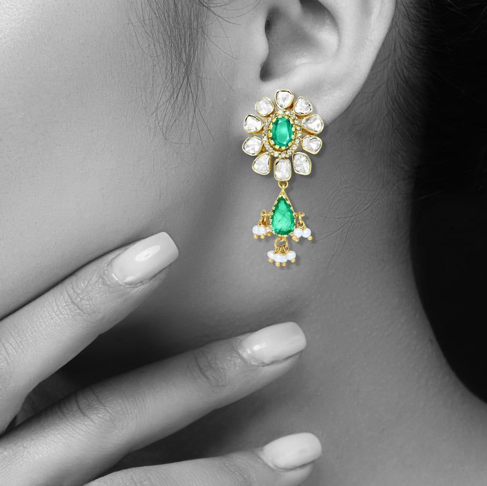 Polki Earrings with Emerald Center, Drops, and Pearl Accents